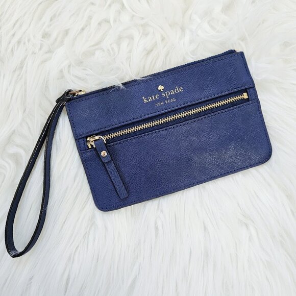 Kate Spade Mikas Pond Bee Bajablue Navy Zipper Emperor Blue Leather Wristlet Bag - Picture 1 of 9